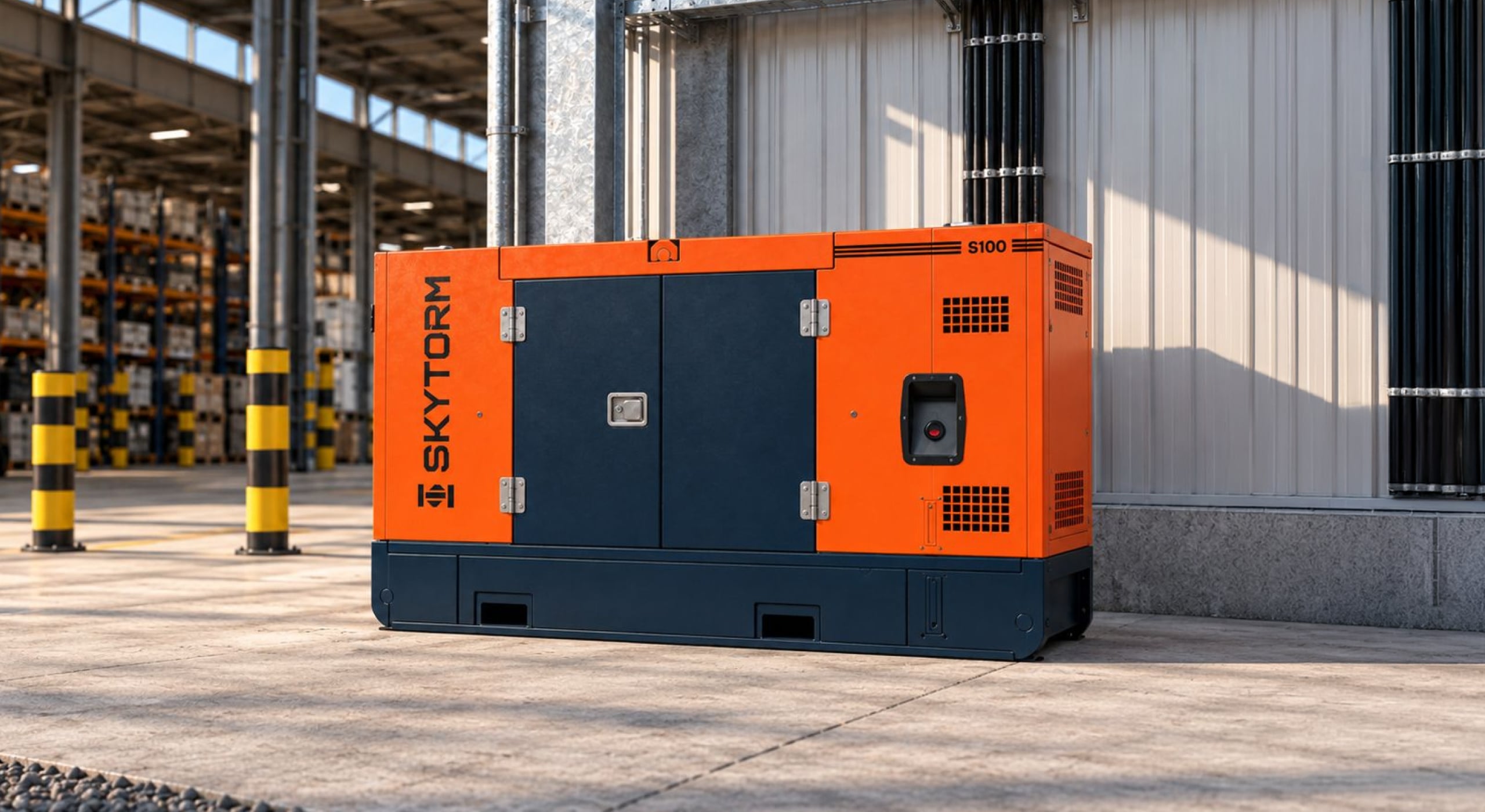 Gerador SKYTORM S100 laranja instalado ao lado de um galpão