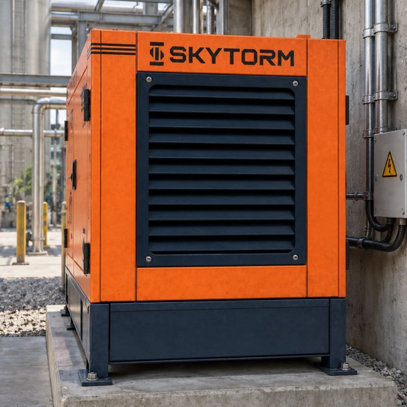 Gerador SKYTORM laranja instalado em área industrial