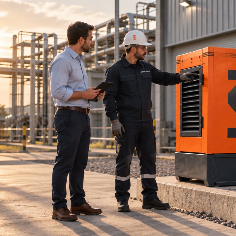 Técnico da SKYTORM mostra o painel do gerador laranja recém-instalado ao responsável da empresa