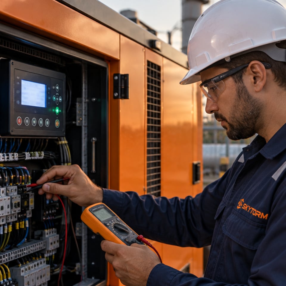 Técnico de capacete mede com multímetro o painel elétrico do gerador