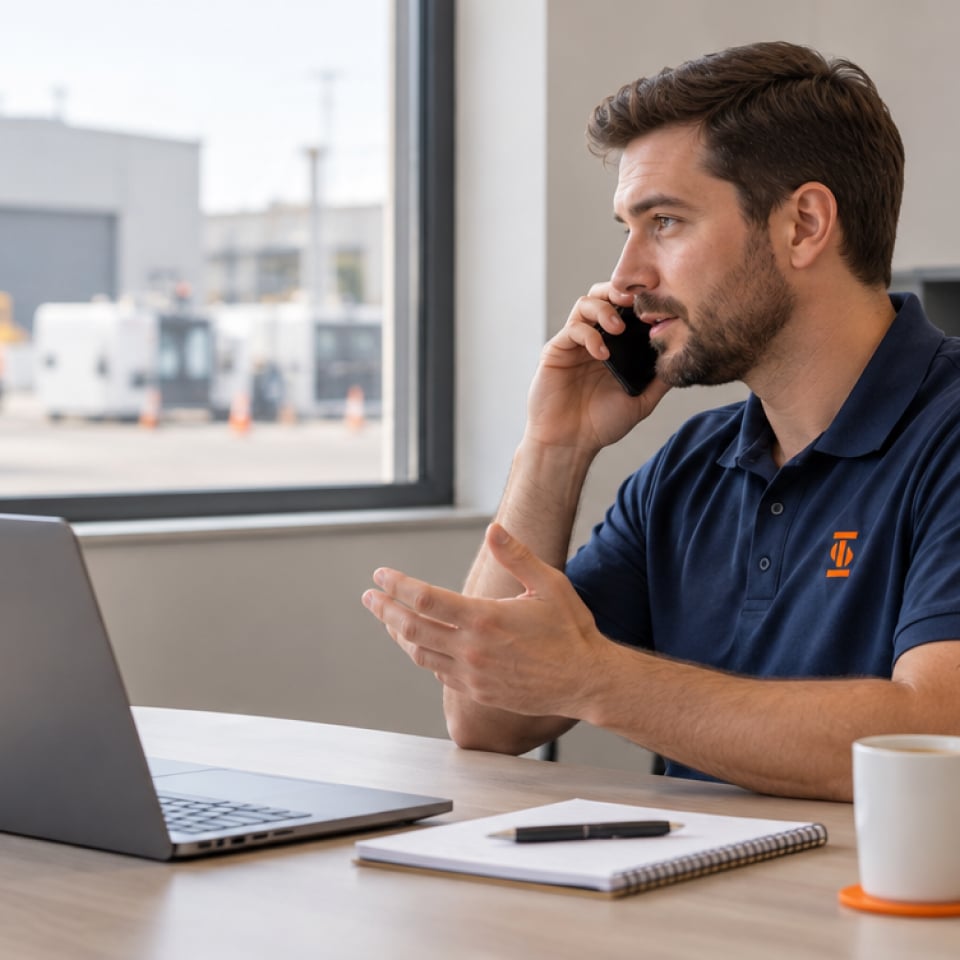 Técnico no escritório fala ao telefone acompanhando a operação de um cliente
